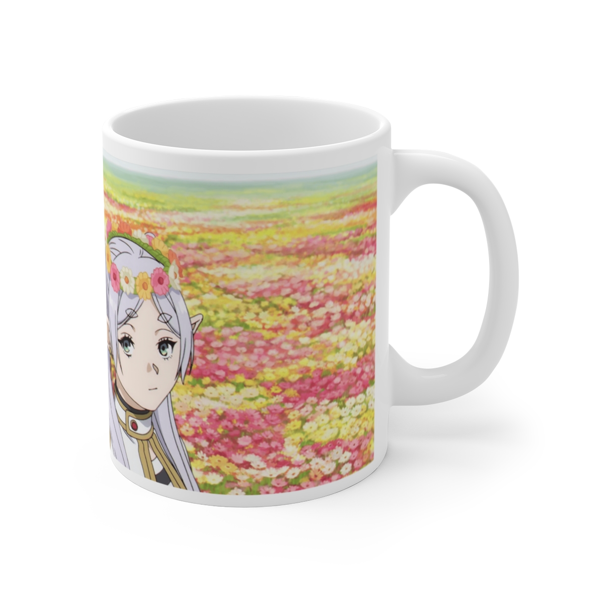 Frieren: Beyond Journey's End Elf Girl with Flower Crown Mug | Anime Floral Field Scene