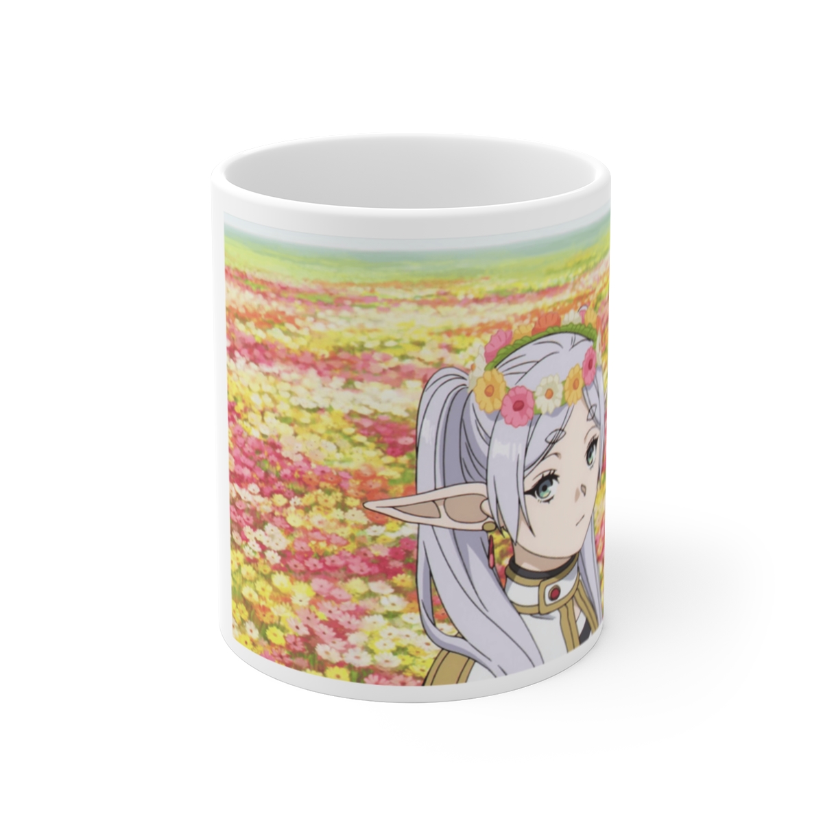 Frieren: Beyond Journey's End Elf Girl with Flower Crown Mug | Anime Floral Field Scene - alternate angle 1, merchandise