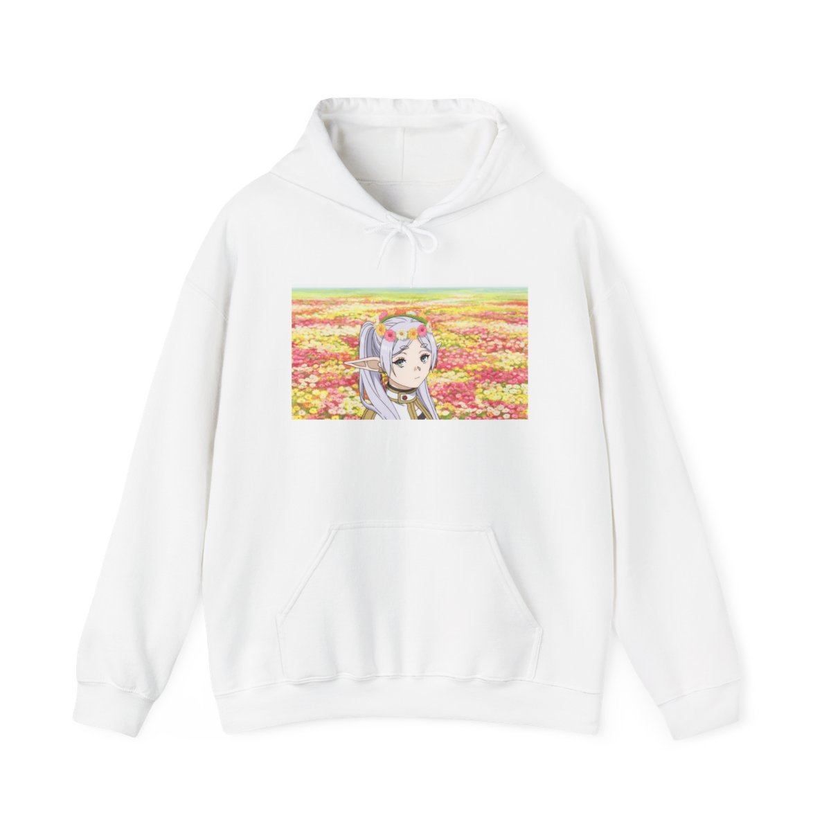 Anime Girl in Flower Field Hoodie | Pastel Floral Aesthetic Frieren: Beyond Journey's End - alternate angle 1, merchandise