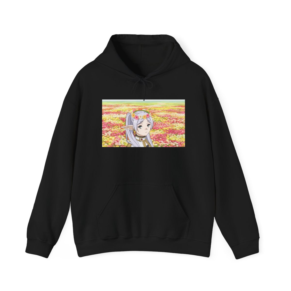 Anime Girl in Flower Field Hoodie | Pastel Floral Aesthetic Frieren: Beyond Journey's End - alternate angle 5, merchandise