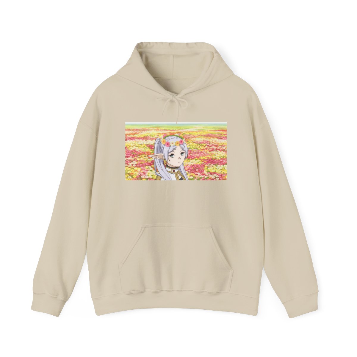 Anime Girl in Flower Field Hoodie | Pastel Floral Aesthetic Frieren: Beyond Journey's End - alternate angle 3, merchandise