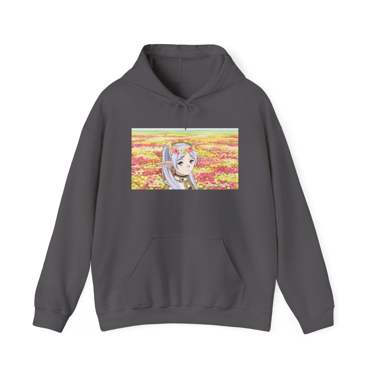 Anime Girl in Flower Field Hoodie | Pastel Floral Aesthetic Frieren: Beyond Journey's End - alternate angle 4, merchandise